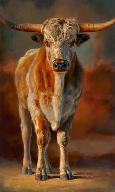 an oil painting of a longhorn bull standing in the dirt with large horns on it's head