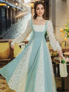 Olivia Mark - Vestido de manga larga con manga farol de encaje y cintura ceñida Gaun Abad Pertengahan, Cottage Core Dress, Cottagecore Dress, Skirt Maxi, Fairytale Dress, Fantasy Dress, Fairy Dress, Lantern Sleeve, Looks Vintage