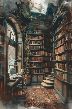 a painting of a library with lots of books