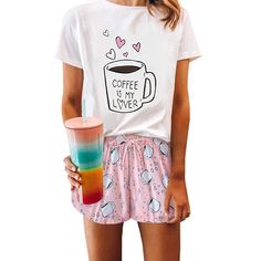 Pink Cup Print Short Sleeve Pajama Set Casual Letter Print Sleepwear For Spring, Casual Cotton Sleepwear With Letter Print, Shorts Sleepwear, Short Pajamas, 2 Piece Short Set, Summer Tie Dye, Short Pant, Pink Cups, Women Tie