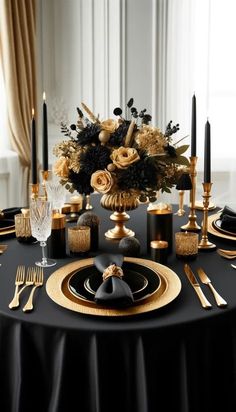 black and gold table setting with flowers in center