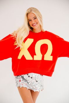 CHI OMEGA RED PULLOVER PULLOVER Judith March Chi Omega Merch, Omega Red, Red Pullover, Greek Letters, Chi Omega, Go Ahead, Stay Cozy, Sorority, Yellow