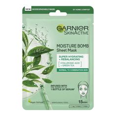 Rebalance your skin with Garnier Moisture Bomb Green Tea Hydrating Face Sheet Mask , a deeply nourishing treatment that restores a healthy glow to the complexion. The easy-to-use face mask is infused with antioxidant Green Tea and Hyaluronic Acid to strengthen and hydrate skin, working to sweep away shine and refine the appearance of pores. Helping to maintain a healthy moisture balance, the tissue mask reveals a mattified, clear and radiant visage.  Suitable for all skin types. Garnier Face Mask, Mask Green Tea, Green Tea Face Mask, Garnier Skinactive, Green Tea Mask, Face Sheet Mask, Garnier Skin Active, Mascara Facial, Skin Care Mask