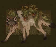 a drawing of a wolf with leaves on it's back