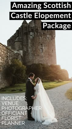 an image of a bride and groom standing in front of a castle with the text amazing scottish castle elopement package