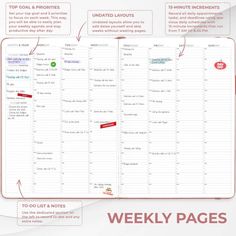 the weekly planner is shown in red and white, with arrows pointing to each month