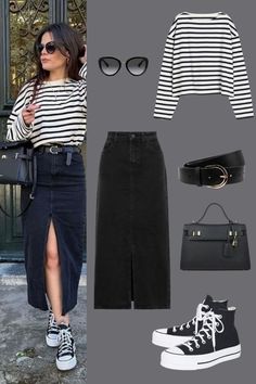 Converse Off White Outfit, White Sneaker Skirt Outfit, How To Style A Black Denim Skirt, Black Denim Midi Skirt Outfit Summer, Black Canvas Shoes Outfit, Denim Midi Skirt Outfit Casual, Spring Outfits With Converse, Black Denim Skirt Outfit Ideas, Black Long Skirt Outfit Ideas