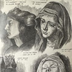 three drawings of women with headscarves and veils