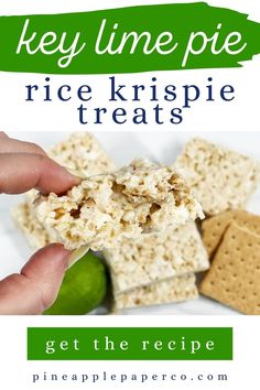 rice krispie treats on a white plate with text overlay that reads, key lime pie rice krispie treats get the recipe