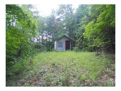 a small house in the middle of a forest with trees and grass on both sides