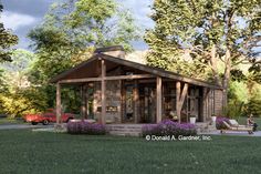 an artist's rendering of a small cabin style home with porches and covered patio