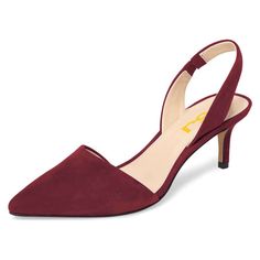 Rich Maroon Elegance: These Maroon Suede Slingback Pumps exude a rich maroon hue that adds a touch of opulence to your outfit, making you stand out effortlessly. Sleek Suede Texture: Crafted with luxurious suede, these pumps offer a soft and sleek texture that adds a sophisticated dimension to your ensemble. Chic Kitten Heel: The kitten heel design strikes the perfect balance between style and comfort, providing a subtle lift that's ideal for both formal events and everyday wear. Adjustable Slingback: The adjustable slingback strap ensures a secure fit, offering convenience and ease while adding a modern flair to your look. Versatile Style: These pumps effortlessly transition from day to night, making them a versatile choice for various occasions, from office meetings to evening galas. Ele Pumps For Work, Bright Colored Heels, Heels Slingback, Colored Heels, Prom Shoe, Maroon Wedding, Kitten Heel Shoes, Work Formal, Party Music