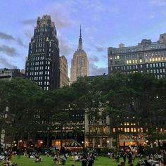 many people are sitting on the grass in front of tall buildings and trees at dusk