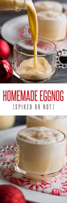 homemade eggnog spied or not in small glass dishes with red ornaments around them