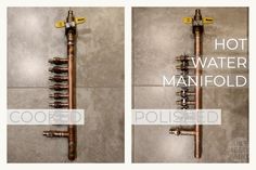 two pictures showing the different types of pipes attached to each other and labeled hot water mainfold