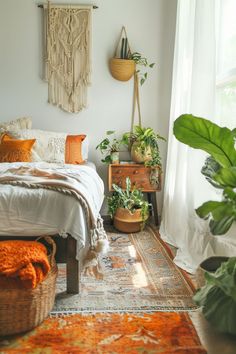 a bedroom with an orange rug and white bedding, potted plants on the wall