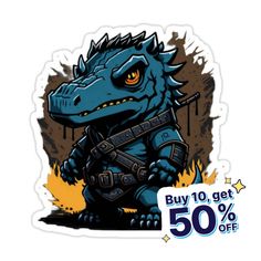 a sticker with an image of a godzilla on it's face and the words buy