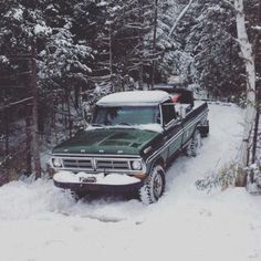 an old truck is parked in the snow by some trees and pine trees on a snowy day