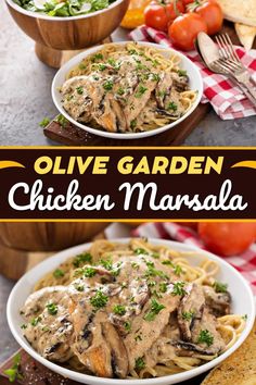 two bowls filled with chicken marsala and garnished with parsley