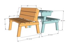 a wooden bench sitting next to a planter on top of a white background with measurements