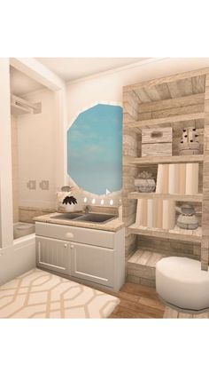 the bathroom is decorated in neutral tones and features a large wall mural that looks like a mountain