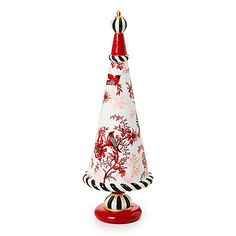 a red and white christmas tree with black stripes on the top is shown in front of a white background