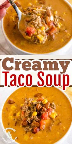 two bowls of creamy taco soup with a spoon