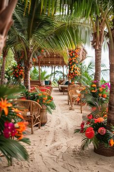 an outdoor seating area with palm trees and flowers