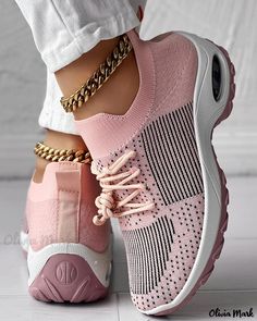 Olivia Mark - Premium Striped Round Toe Sneakers with Enhanced Breathability Pink Comfortable Round Toe Running Shoes, Casual Pink Running Shoes With Breathable Mesh, Casual Pink Running Shoes With Perforations, Round Toe Sneakers, Olivia Mark, Boots, Sneakers, Pink