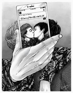 a drawing of two people kissing while looking at a cell phone with the screen open