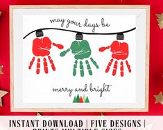 two handprinted christmas cards with the words, merry and brights on them