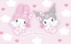 hello kitty wallpaper with pink hearts and two cute little angel dolls in the sky