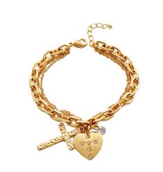 ✨ Timeless Design: Gold-plated cross and heart pendant bracelet crafted from alloy, iron, and zircon for enduring elegance. 🌟 Quality Craftsmanship: Thickened plating process ensures resistance to fading, maintaining its lustrous shine over time. 💎 Chic Embellishments: Cross and love shapes adorned with glass, creating a relaxed, calm, and high-level aesthetic. 🌿 Elegantly Effortless: Achieve an air of lazy elegance with a 3cm pendant and an 18cm size, offering a quiet sophistication. 🌈 Skin Gold Alloy Bracelets For Valentine's Day, Valentine's Day Alloy Charm Bracelet Gift, Valentine's Day Gift Alloy Charm Bracelet, Valentine's Day Alloy Charm Bracelet, Gold Metal Bracelets For Valentine's Day, Elegant Cross Pendant Bracelet As A Gift, Stainless Steel Cross Bracelets As Gifts, Stainless Steel Cross Bracelet As A Gift, Stainless Steel Cross Bracelet As Gift