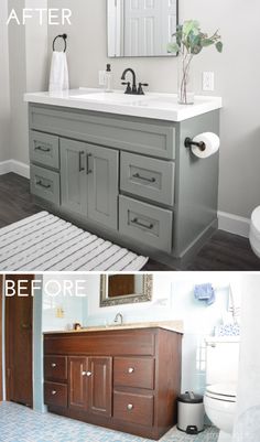 before and after photos of a bathroom remodel with white walls, wood cabinets, gray countertops