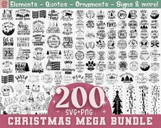 the 200 christmas mega bundle is shown in black and white, with different font styles