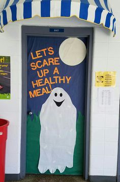 a door decorated with a ghost and the words let's scare up a healthy meal