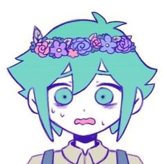 an anime character with blue hair and flowers on her head, wearing a green shirt