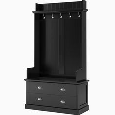 a black dresser with two drawers and a coat rack on it's top shelf