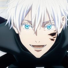 an anime character with white hair and blue eyes looks at the camera while wearing black