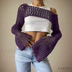 Lasaky - Stylish Mesh Cover-up: Cropped Sweater with Bell Sleeves and Hand-knitted Details Cropped Shrug, Cutout Sweater, Mesh Blouse, Long Sleeve Knitted Cardigan, Cropped Pullover, Crochet Crop, Cropped Tops, Crochet Crop Top, Knit Crop Top