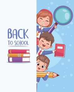 three children with books and magnifying glass looking out from behind a wall that says back to school