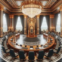 an elaborately designed meeting room with chairs and a chandelier in the center