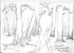 a pencil drawing of trees in the woods