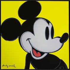 a painting of mickey mouse smiling with his tongue out and eyes wide open on a yellow background