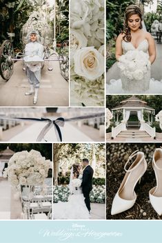 a collage of wedding photos with white flowers