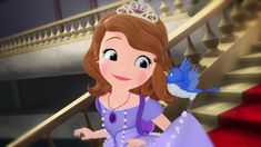 the princess in her purple dress is holding a blue bird on her hand and smiling