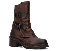 Add some Western-inspired edge to your look with these boots boasting belted-strap buckles and burnished details. From Vintage Foundry Co. Strap Boots, Womens Leather Ankle Boots, Ankle Combat Boots, Autumn Look, Closed Toe Shoes, Platform Heels Chunky, Shoe Carnival, Look Vintage, Womens Boots Ankle