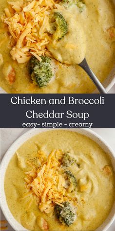 chicken and broccoli cheddar soup in a bowl with cheese on top