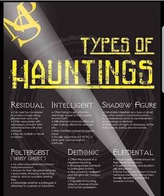 a black and yellow brochure with the words types of hauntings on it