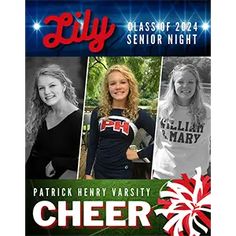 a flyer for the class of 2012 senior night featuring cheerleaders from left to right